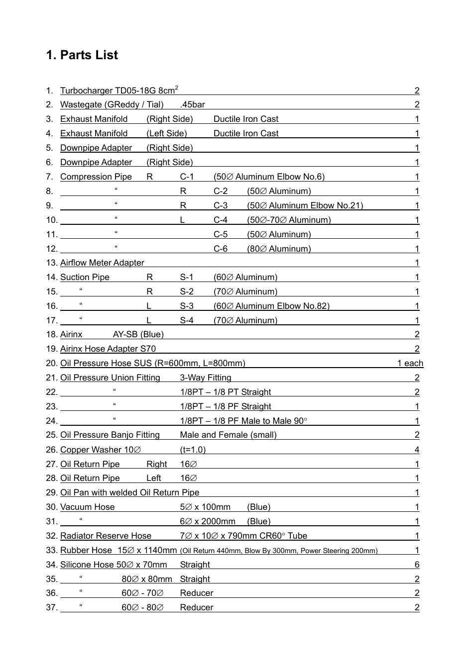 Parts list | GReddy TURBO KITS: Nissan 350Z 2003-04 / twin TD05-18G User Manual | Page 3 / 21