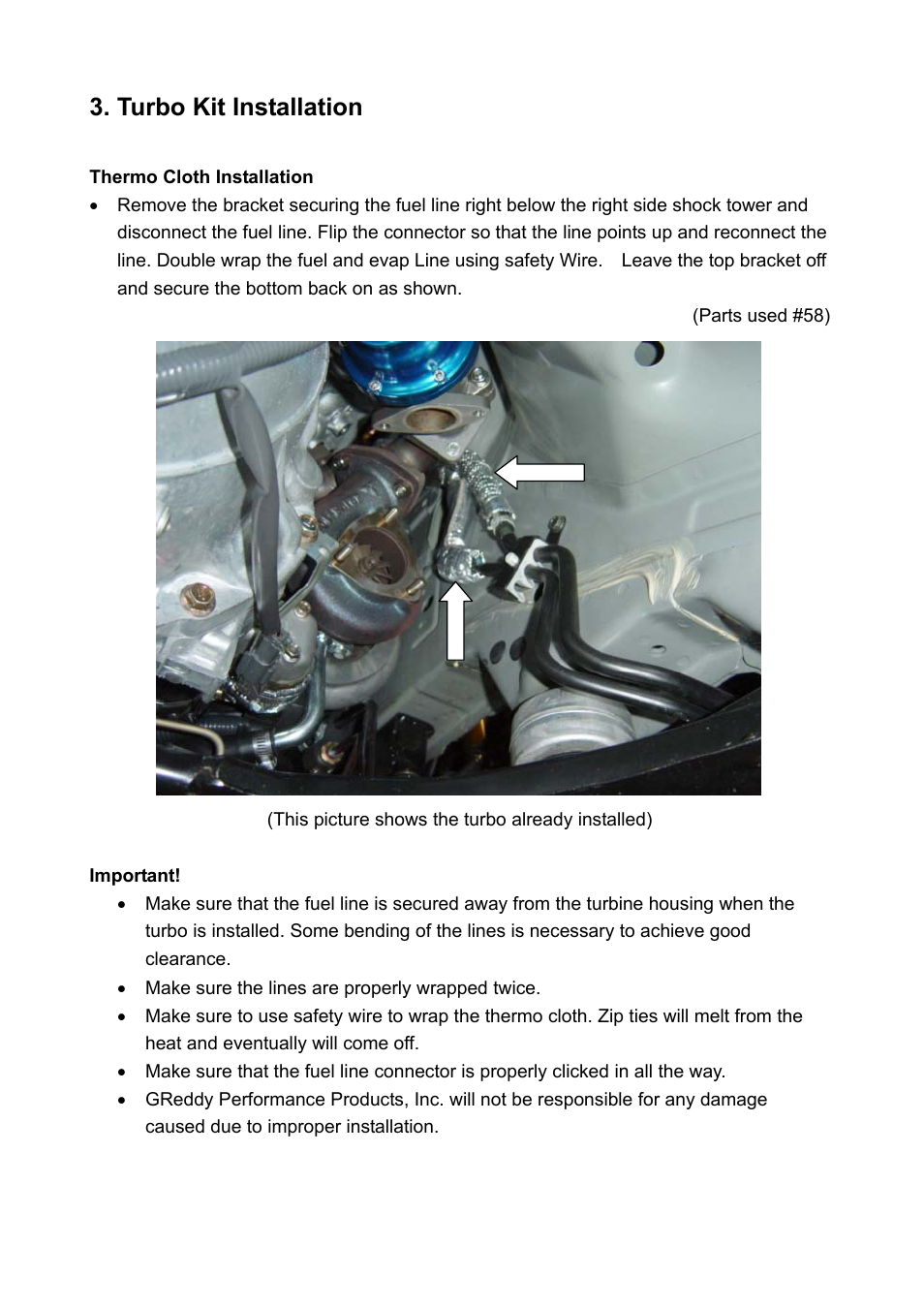 Turbo kit installation | GReddy TURBO KITS: Nissan 350Z 2003-04 / twin TD05-18G User Manual | Page 9 / 21