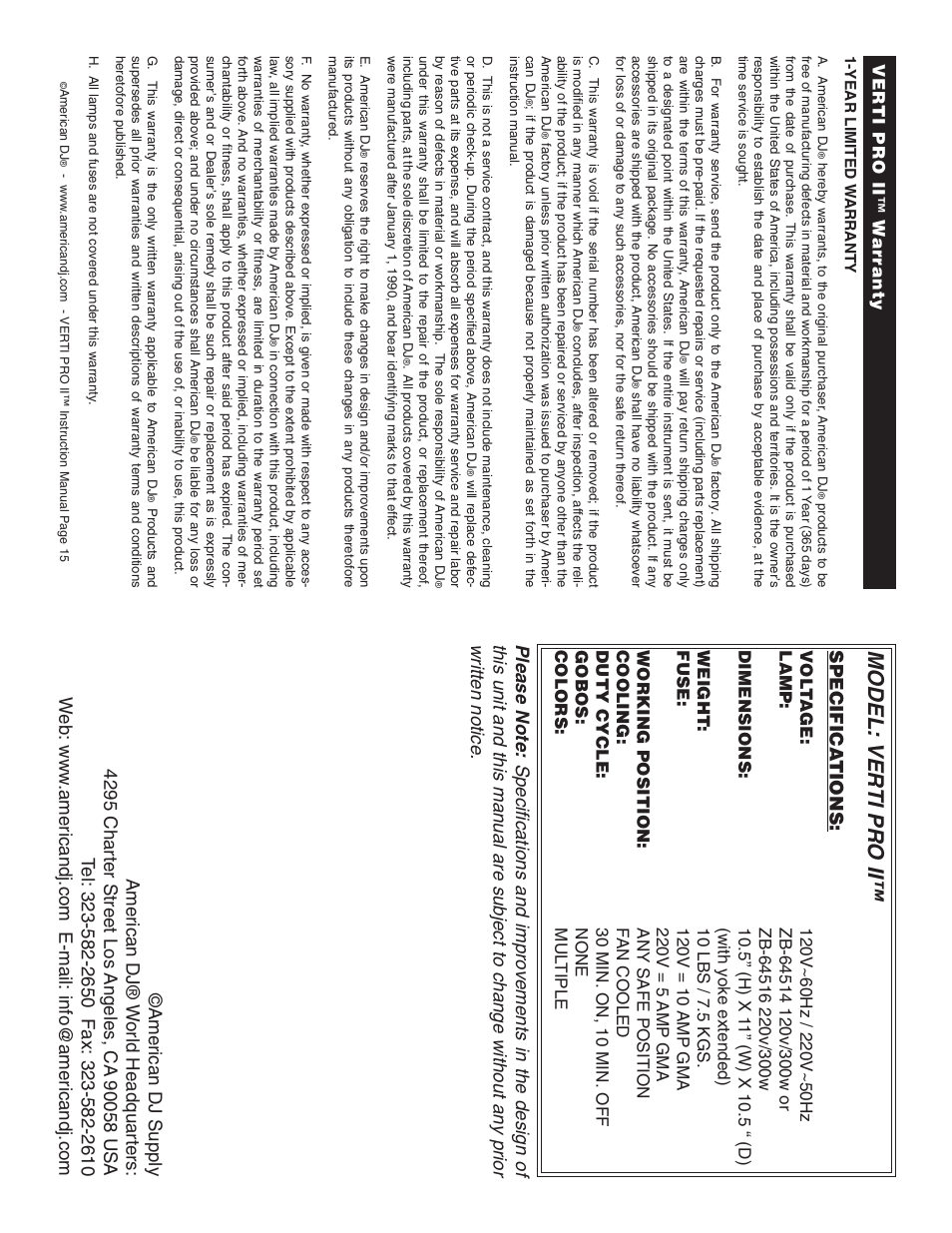 Model: ver ti pro ii, Specifica tions | American DJ Verti-Pro II User Manual | Page 8 / 8