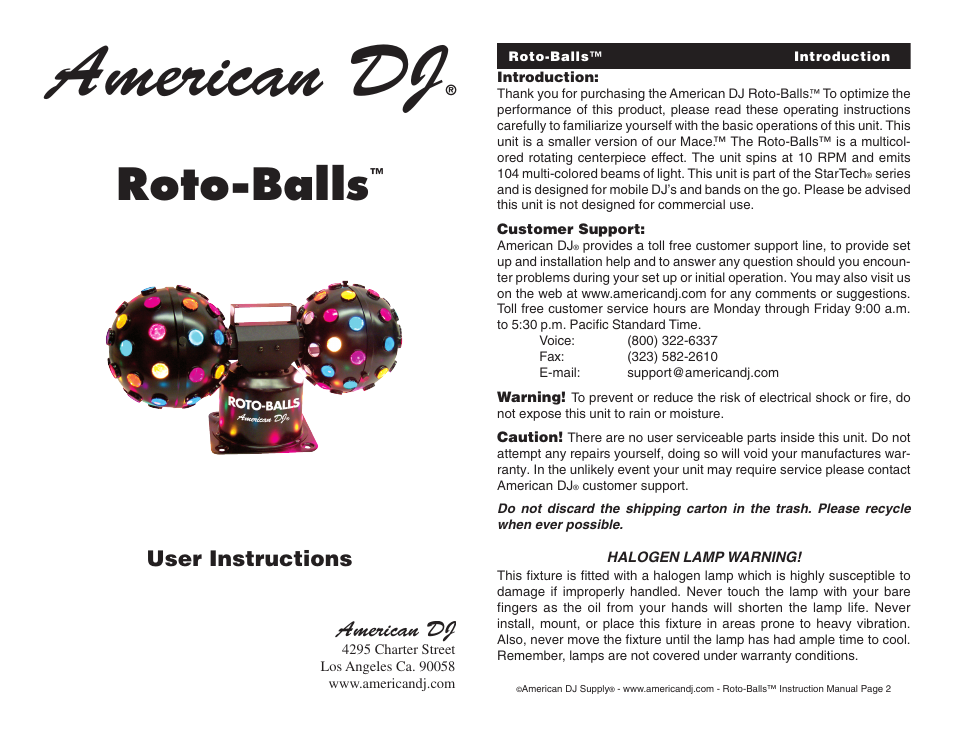 American DJ Roto-Balls User Manual | 4 pages