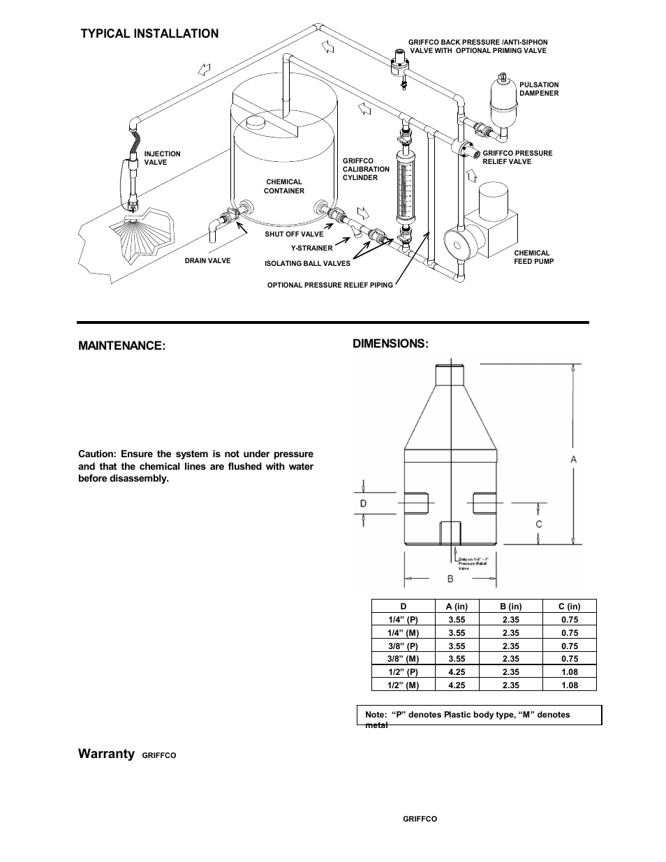 Warranty, Typical installation, Maintenance | Dimensions | Griffco Valve M-Series User Manual | Page 3 / 4