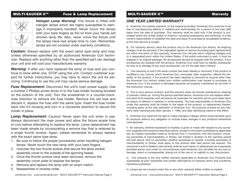 Caution, Warning, Fuse replacement | Lamp replacement, One year limited warranty | American DJ LL-200 User Manual | Page 3 / 4