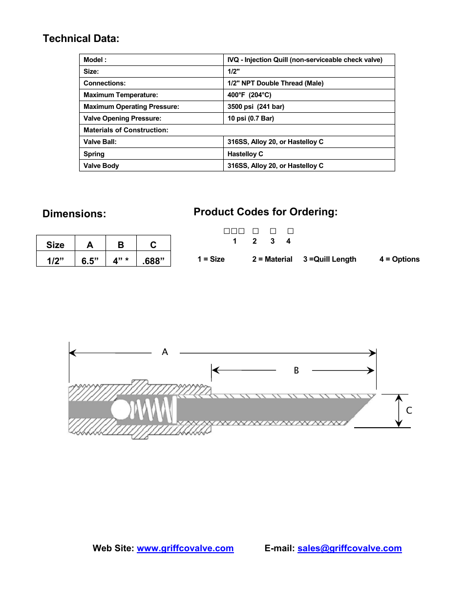 Technical data, Dimensions, Product codes for ordering | Griffco Valve High-Pressure User Manual | Page 2 / 2