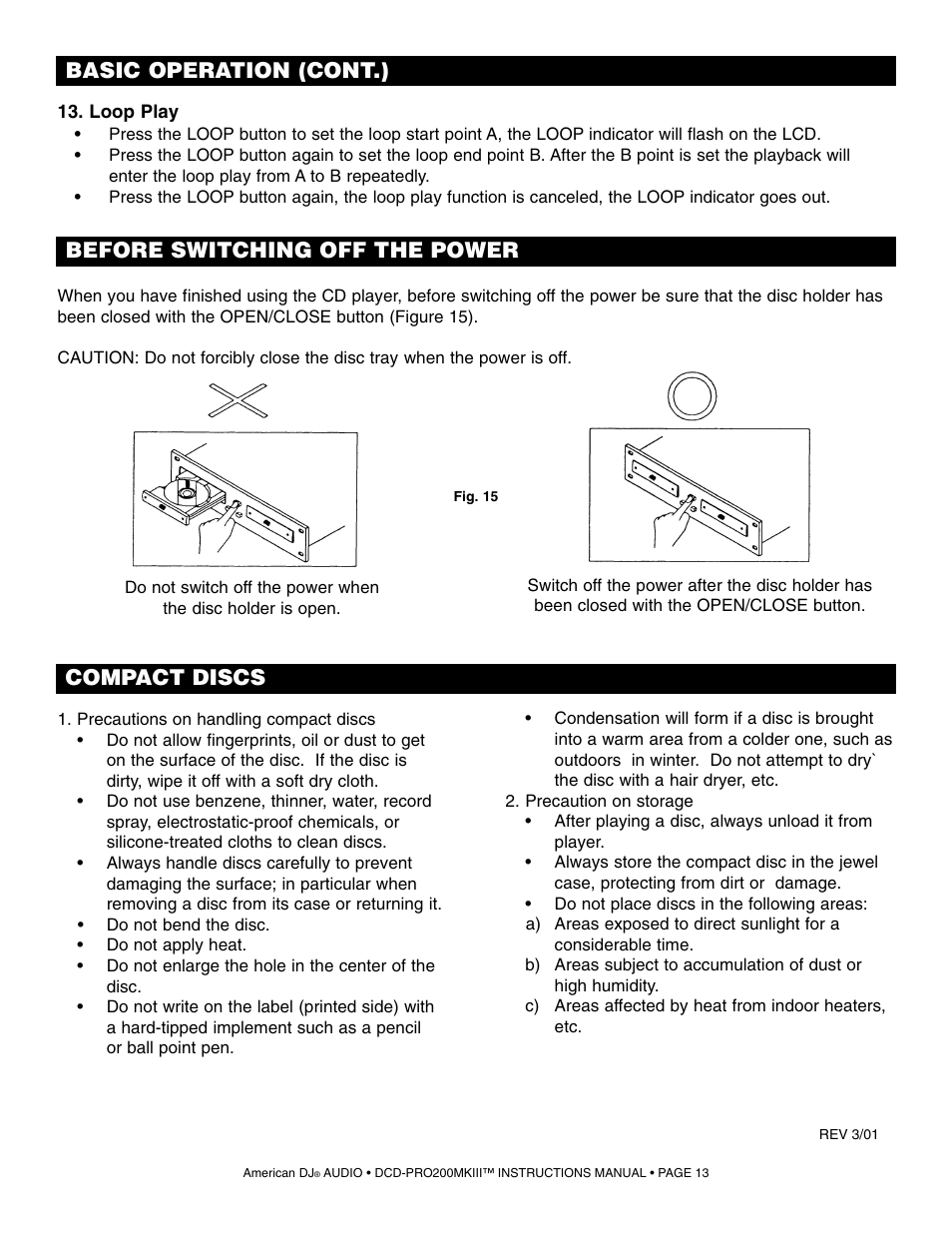 Before switching off the power compact discs, Basic operation (cont.) | American DJ DCD-PRO200MKIII User Manual | Page 13 / 14