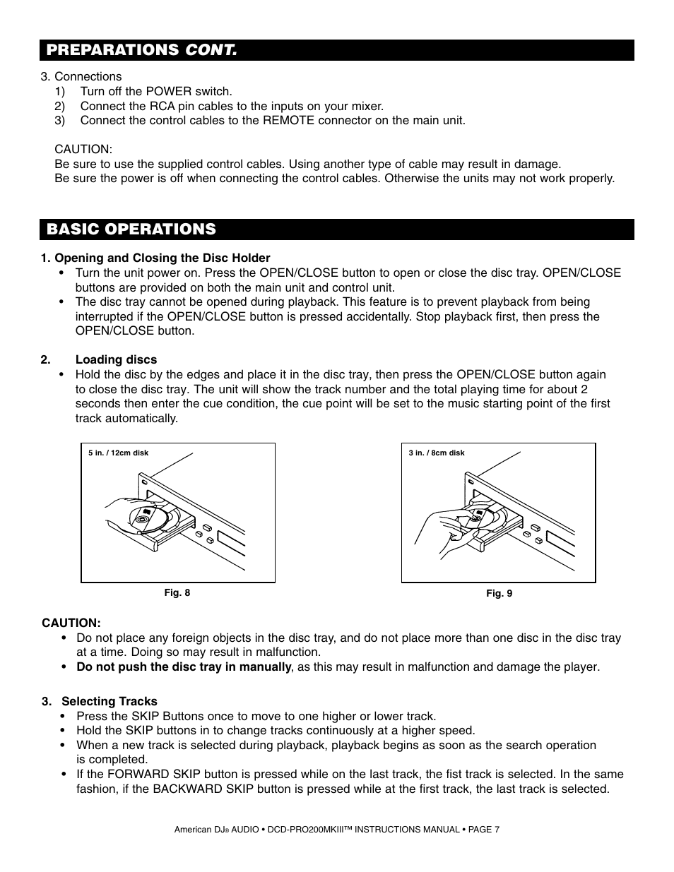 Basic operations, Preparations cont | American DJ DCD-PRO200MKIII User Manual | Page 7 / 14