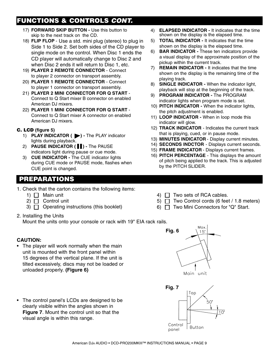 Functions & controls cont, Preparations | American DJ DCD-PRO200MKIII User Manual | Page 9 / 14