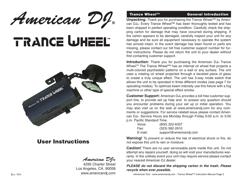 American DJ Trance Wheel User Manual | 6 pages