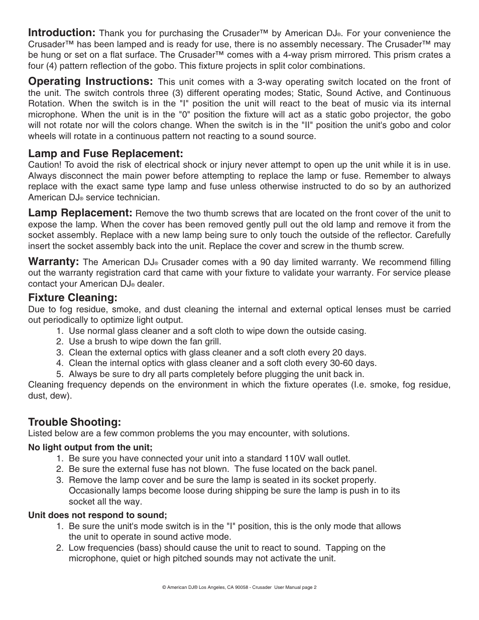 Introduction, Operating instructions, Lamp and fuse replacement | Lamp replacement, Warranty, Fixture cleaning, Trouble shooting | American DJ Crusader User Manual | Page 2 / 2