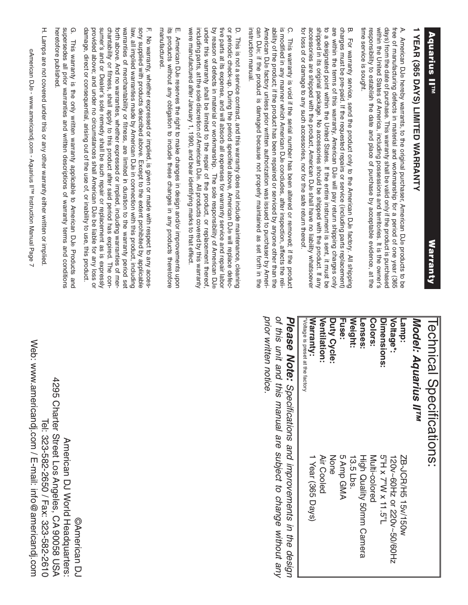 Technical specifications, Model: aquarius ii | American DJ Aquarius II User Manual | Page 4 / 4