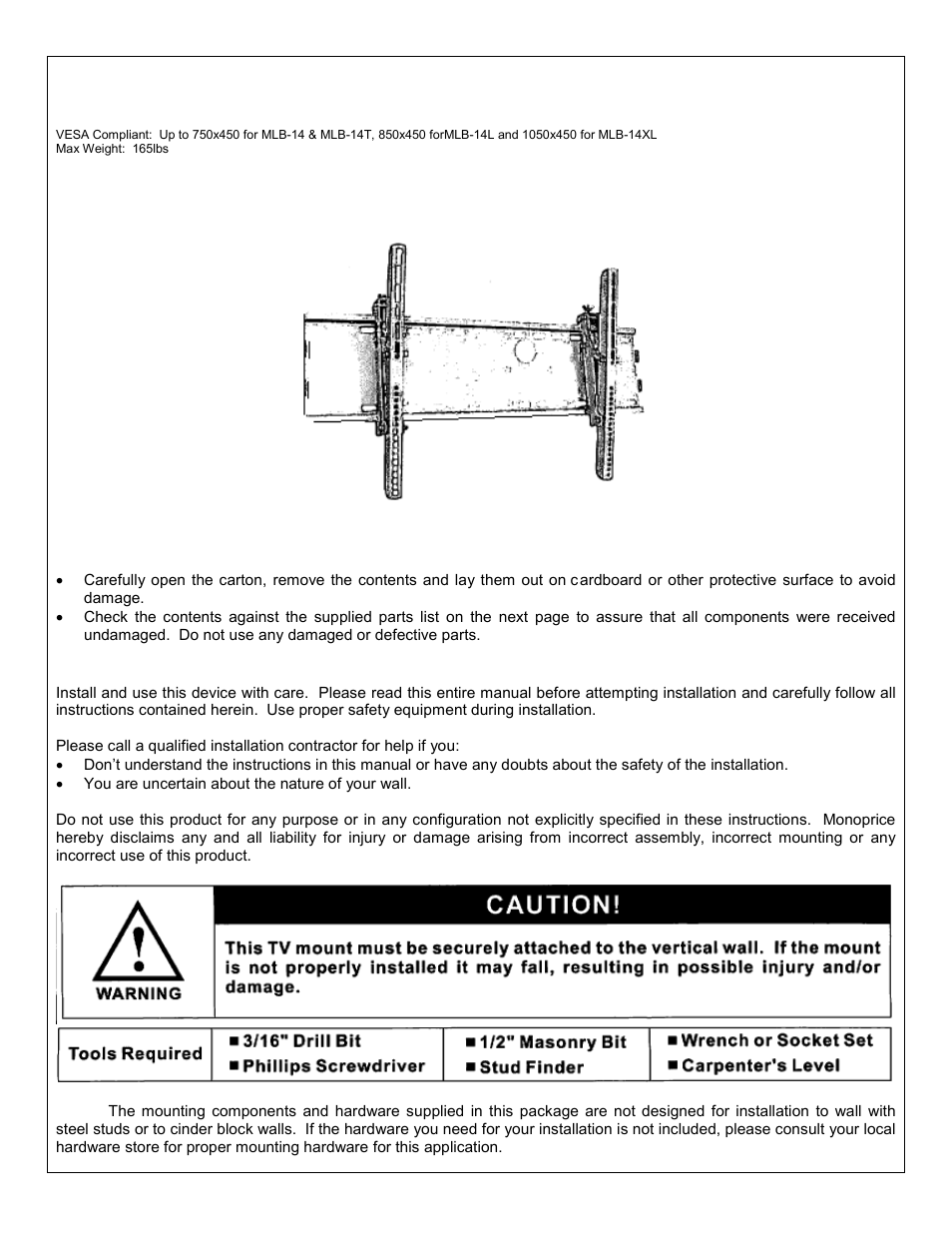 Monoprice 3401 Wall Mount Bracket User Manual | 3 pages