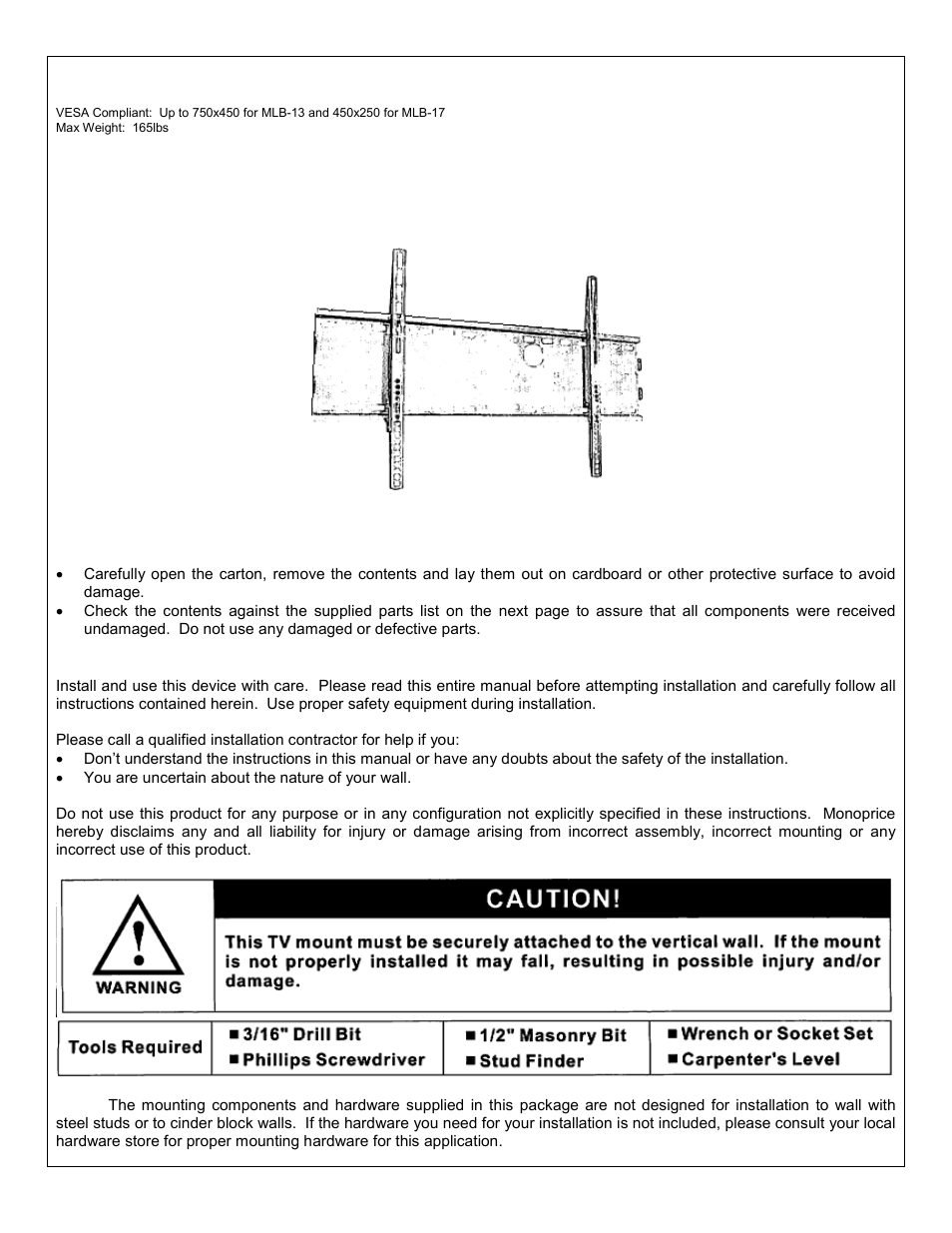 Monoprice 3611 Wall Mount Bracket User Manual | 3 pages