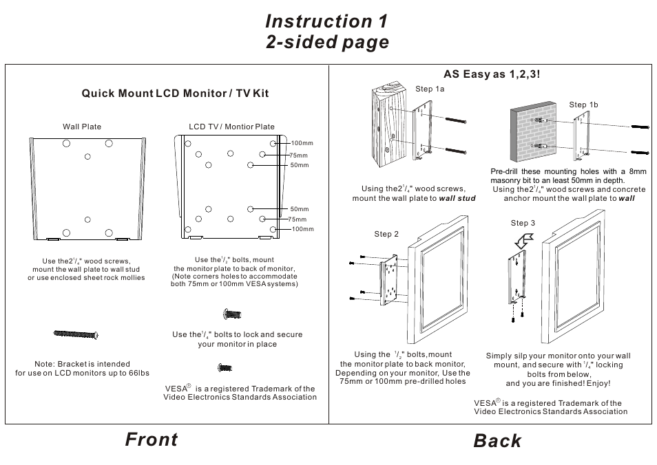 Monoprice 3613 Wall Mount Bracket User Manual | 1 page
