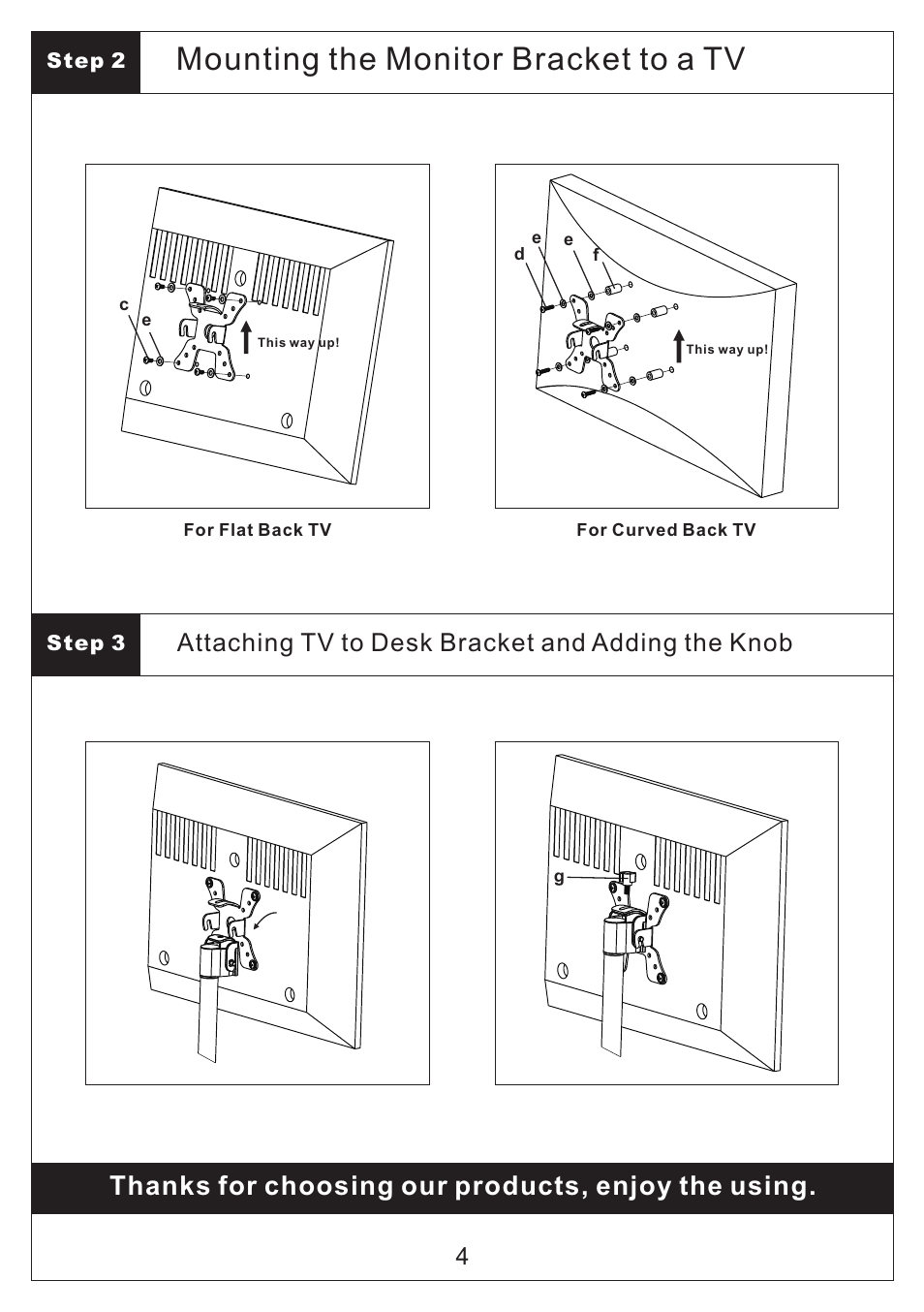 Mounting the monitor bracket to a tv, Attaching tv to desk bracket and adding the knob | Monoprice 5400 Desk Mount Bracket User Manual | Page 4 / 4