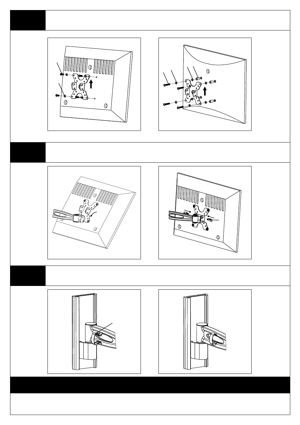 Mounting the monitor bracket to a tv, Attaching tv to wall plate and adding the knobs, Install the cable management ring on the arm | Monoprice 5402 Desk Mount Bracket User Manual | Page 4 / 4