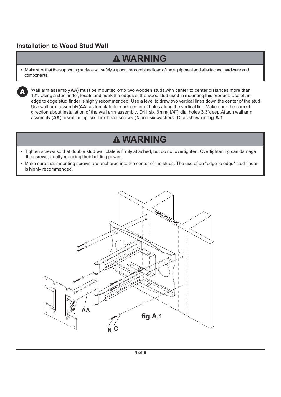 Warning, Fig.a.1, Installation to wood stud wall | Monoprice 5919 Wall Mount Bracket User Manual | Page 4 / 8