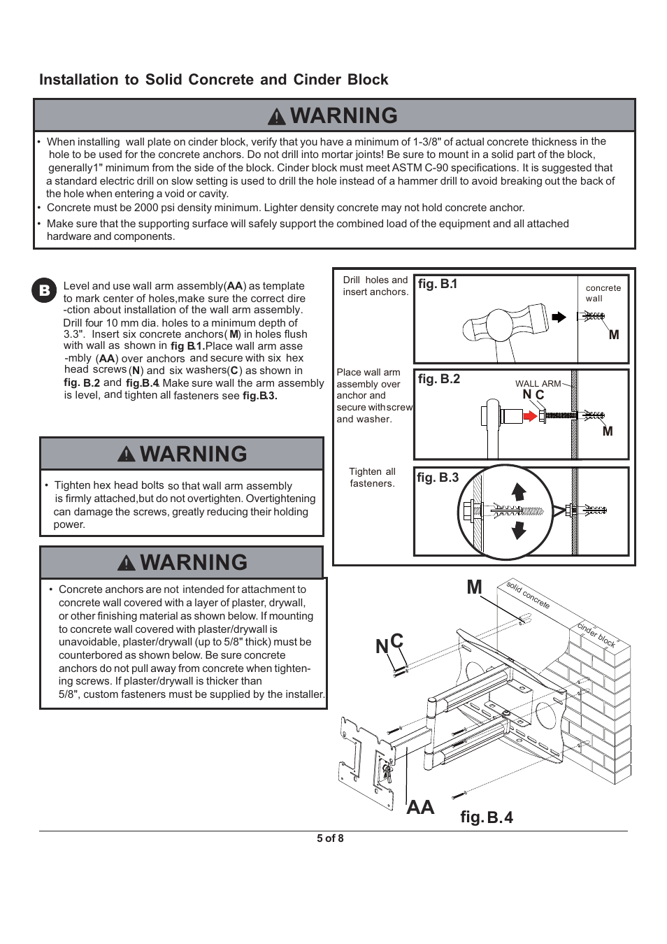 Warning, Mc n, Fig. b.4 | Installation to solid concrete and cinder block b | Monoprice 5919 Wall Mount Bracket User Manual | Page 5 / 8