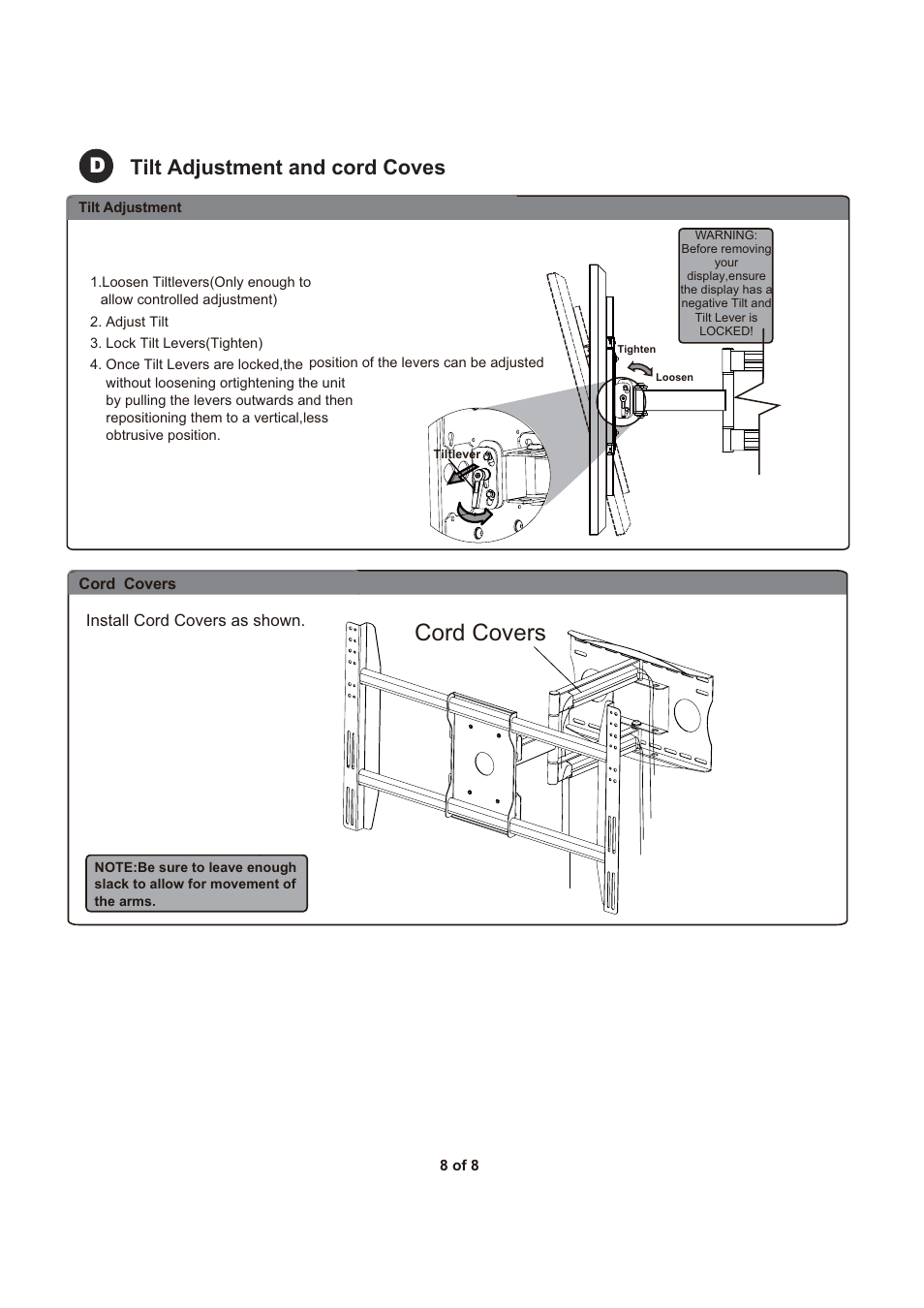 Cord covers, Dtilt adjustment and cord coves | Monoprice 5919 Wall Mount Bracket User Manual | Page 8 / 8