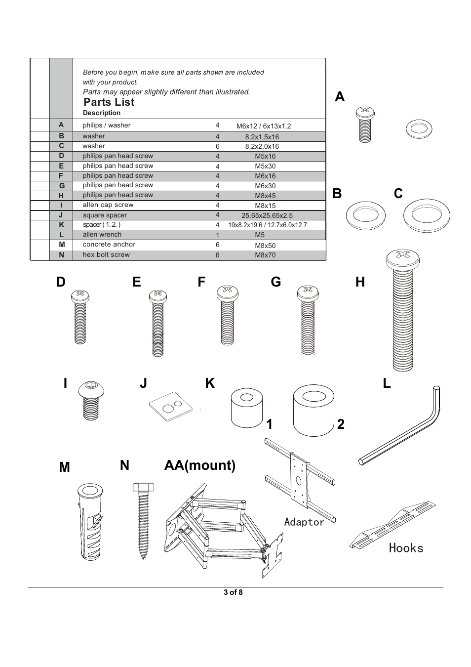 Rrnv, Gdswru, Parts list | Monoprice 5920 Wall Mount Bracket User Manual | Page 3 / 8
