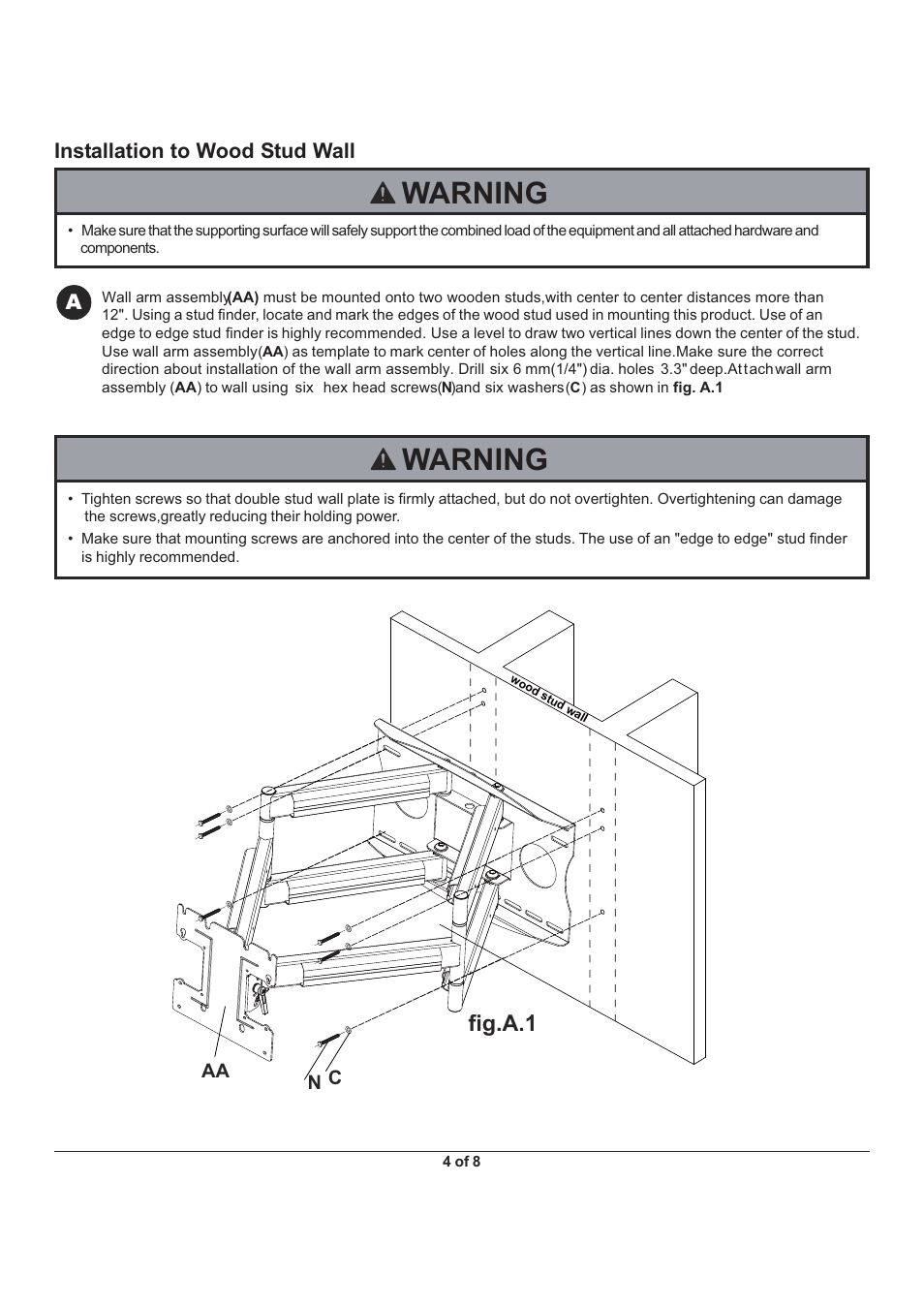 Warning, Fig.a.1, Installation to wood stud wall | Monoprice 5920 Wall Mount Bracket User Manual | Page 4 / 8