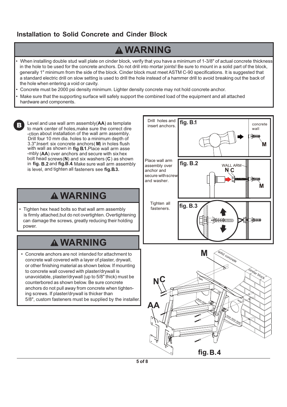 Warning, Mc n, Fig. b.4 | Installation to solid concrete and cinder block b | Monoprice 5920 Wall Mount Bracket User Manual | Page 5 / 8