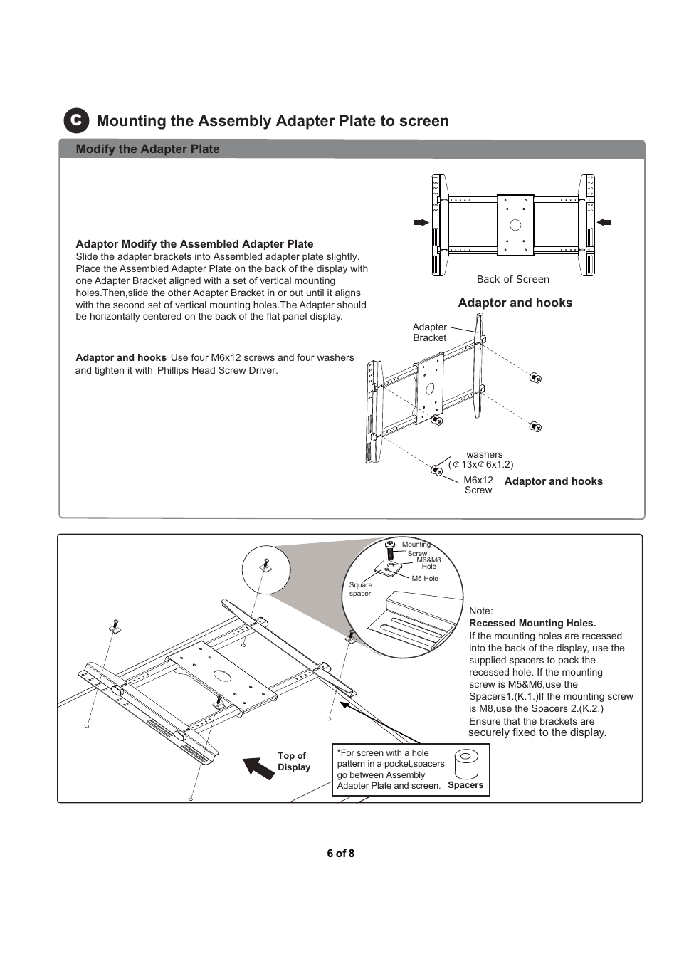 Mounting the assembly adapter plate to screen, Modify the adapter plate, Adaptor and hooks | Monoprice 5920 Wall Mount Bracket User Manual | Page 6 / 8