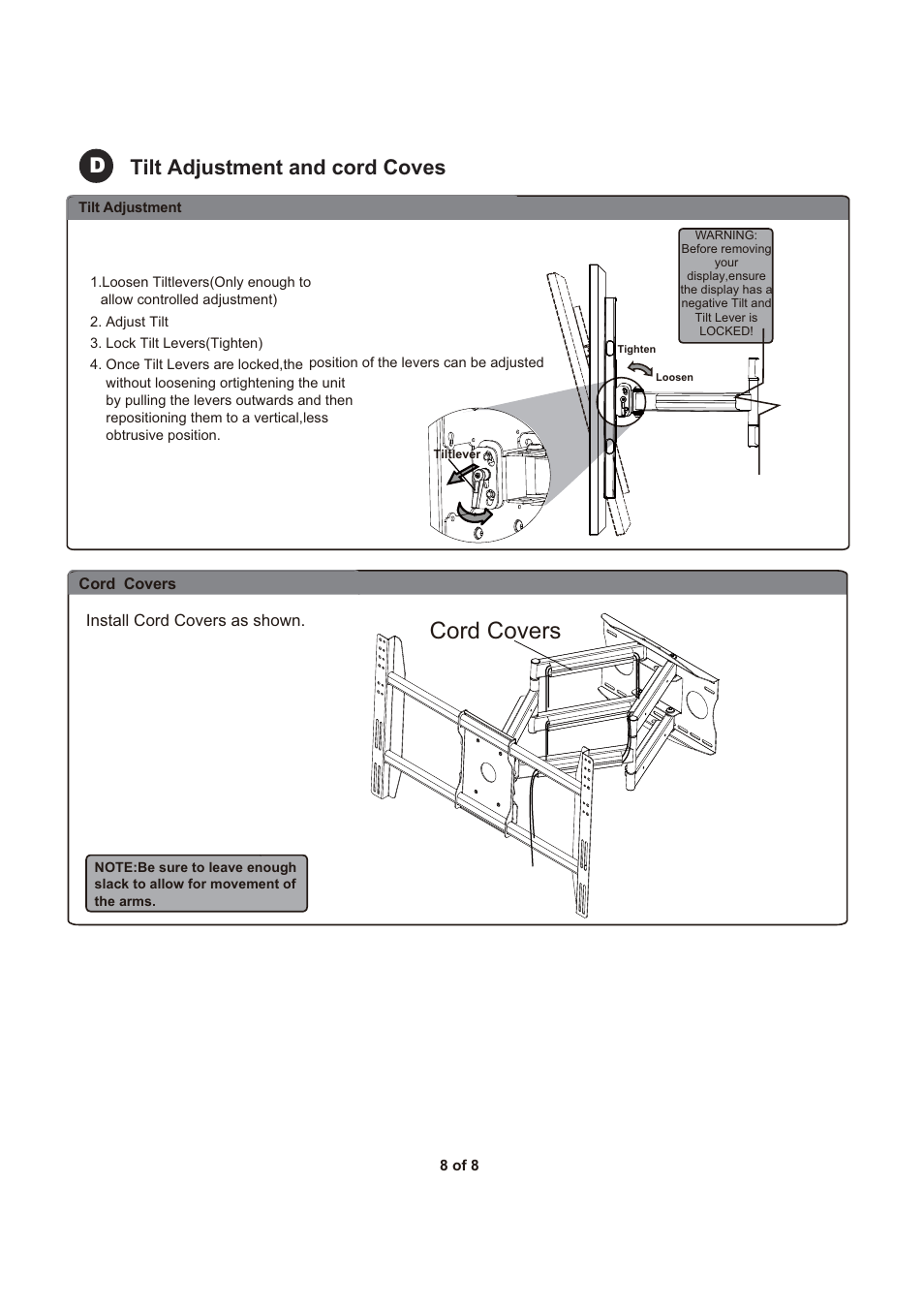 Cord covers, Dtilt adjustment and cord coves | Monoprice 5920 Wall Mount Bracket User Manual | Page 8 / 8