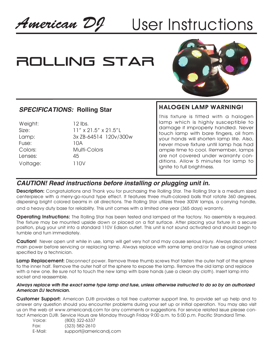American DJ Rolling Star User Manual | 1 page