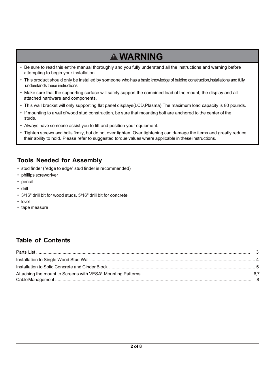 Monoprice 5921 Wall Mount Bracket User Manual | Page 2 / 8