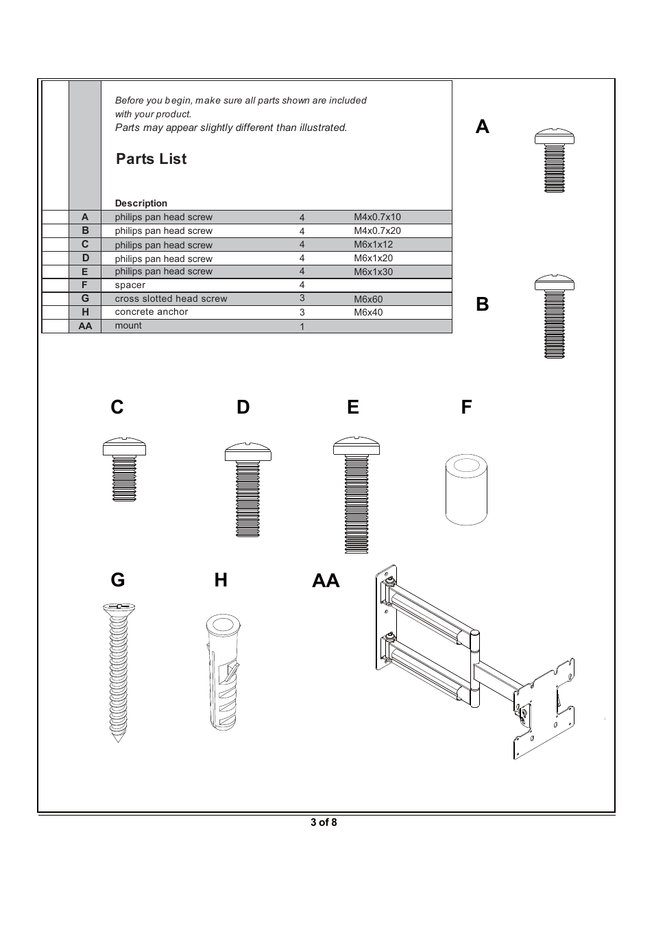 Parts list | Monoprice 5921 Wall Mount Bracket User Manual | Page 3 / 8