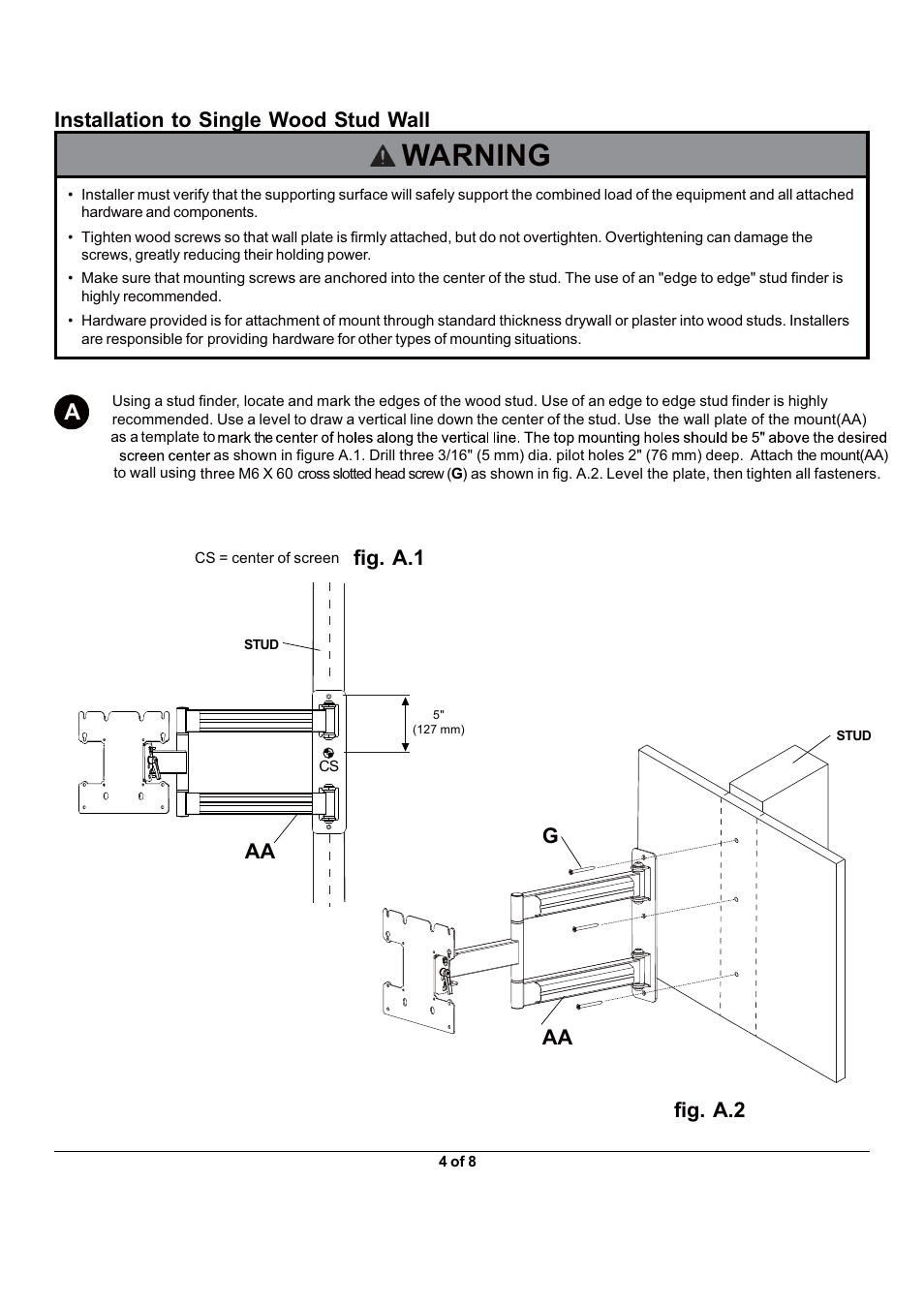 Warning, Fig. a.1, Aa g | Installation to single wood stud wall, Fig. a.2 | Monoprice 5921 Wall Mount Bracket User Manual | Page 4 / 8