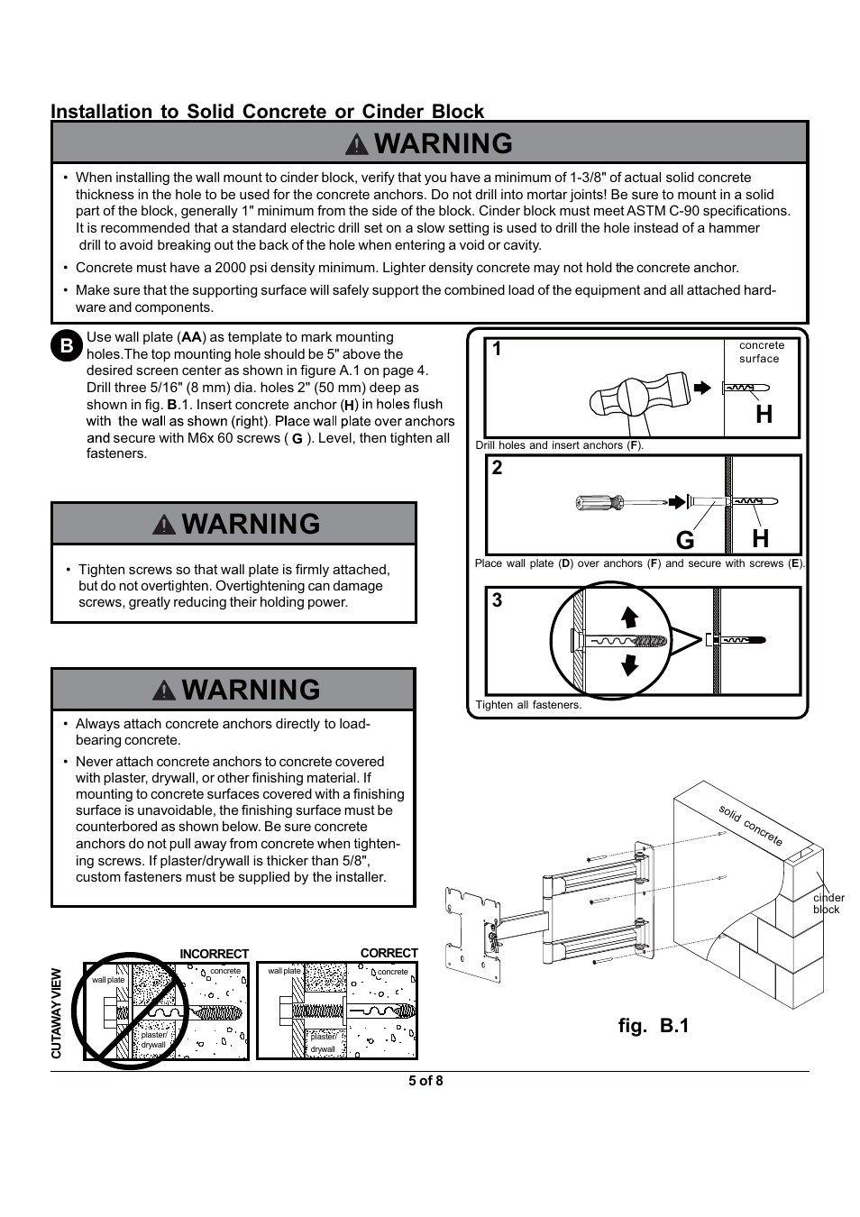 Warning, Installation to solid concrete or cinder block, Fig. b.1 | Monoprice 5921 Wall Mount Bracket User Manual | Page 5 / 8
