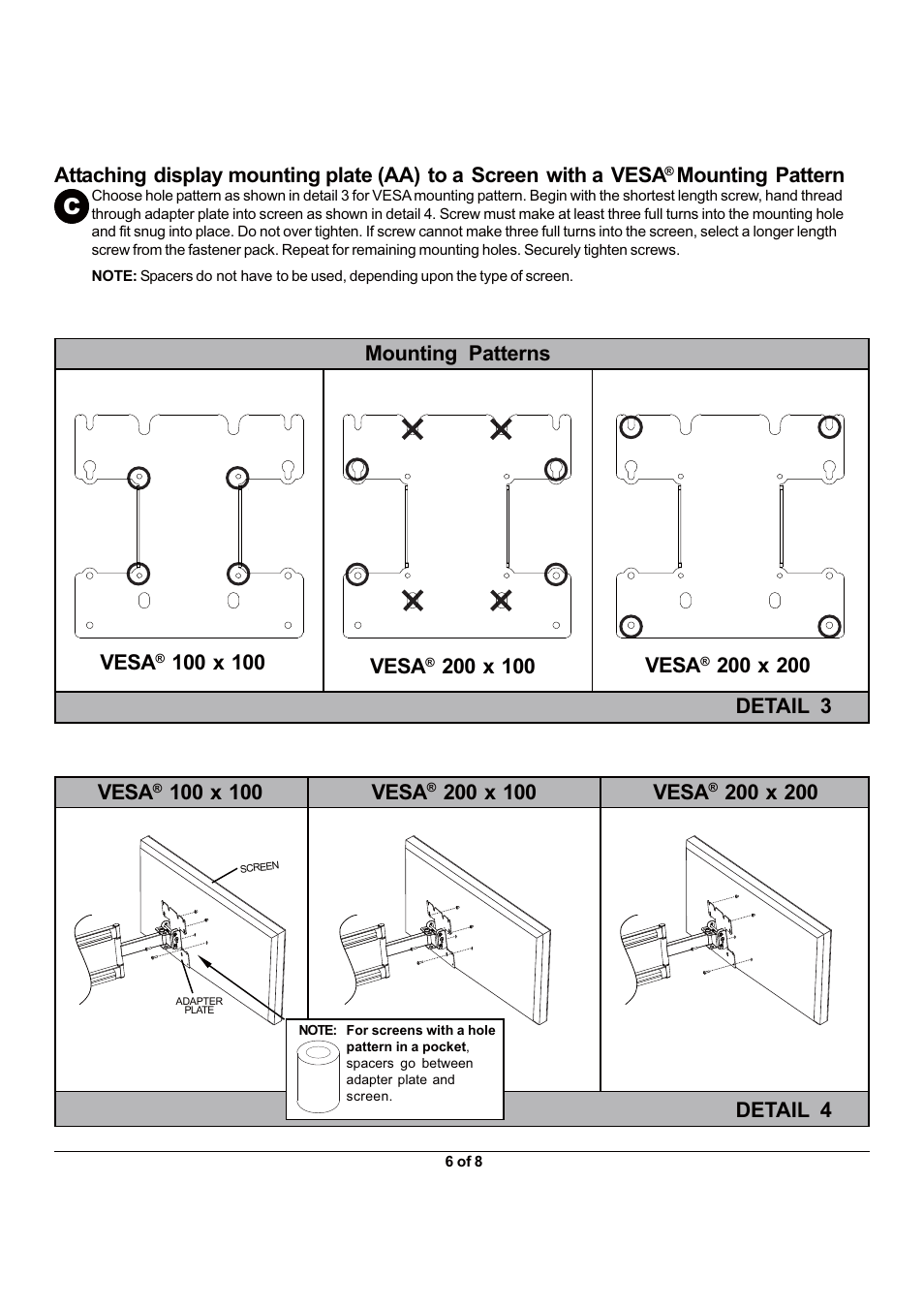 Mounting pattern, Mounting patterns vesa, Detail 3 detail 4 | Monoprice 5921 Wall Mount Bracket User Manual | Page 6 / 8