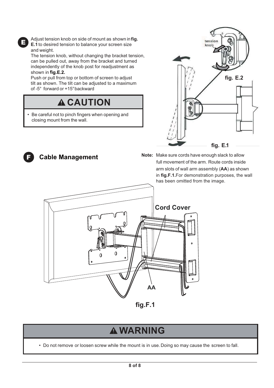 Warning, Caution, Fig.f.1 | Monoprice 5921 Wall Mount Bracket User Manual | Page 8 / 8