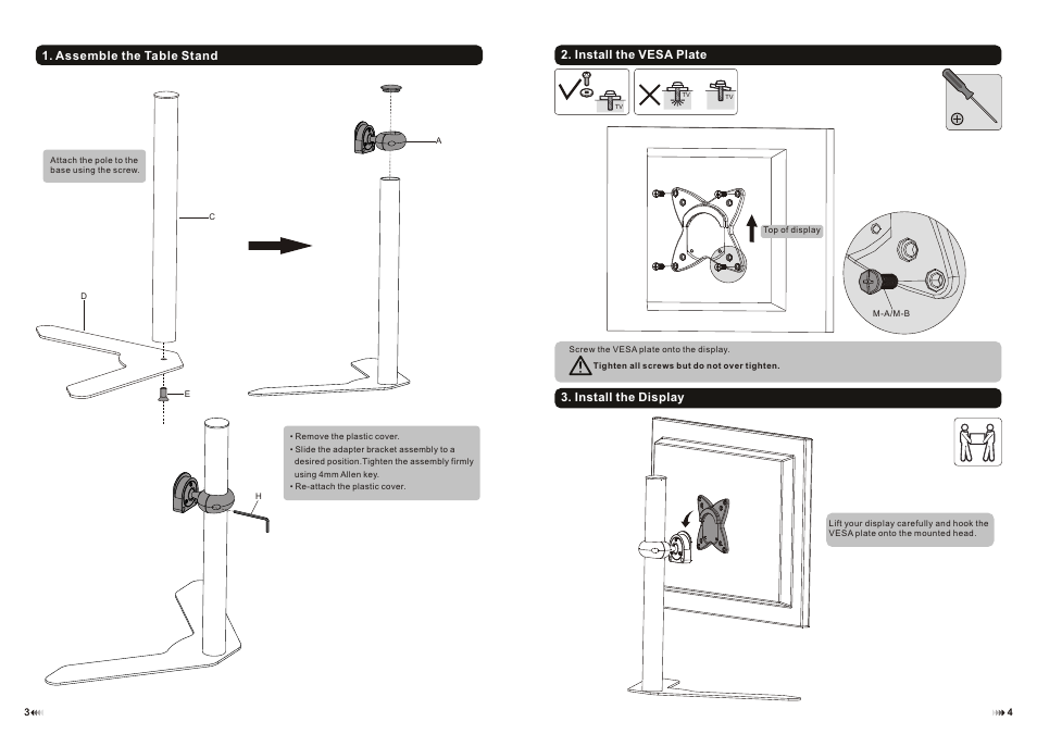 Assemble the table stand, Install the vesa plate, Install the display | Monoprice 5970 Desk Mount Bracket User Manual | Page 3 / 4