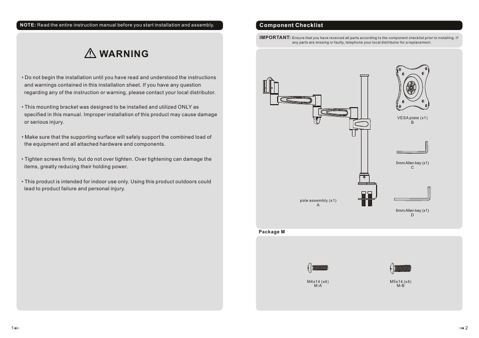 Warning | Monoprice 6421 Desk Mount Bracket User Manual | Page 2 / 4
