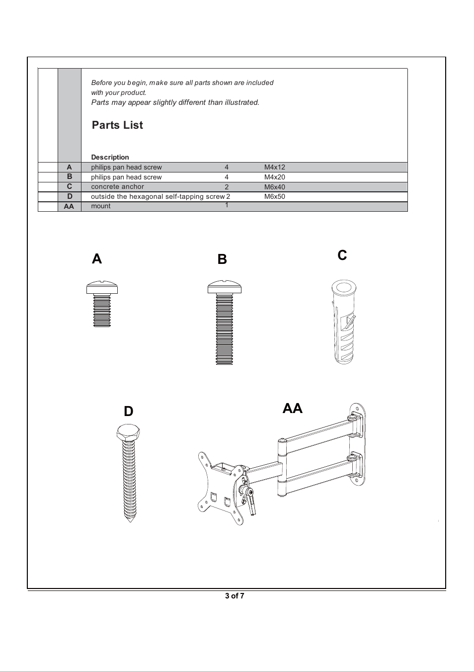 Ad c b aa, Parts list | Monoprice 6514 Wall Mount Bracket User Manual | Page 3 / 7