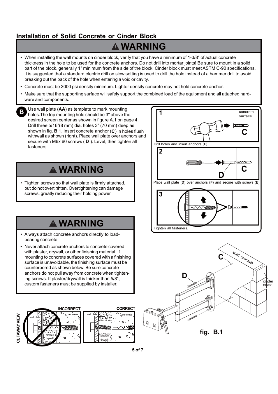 Warning, Installation of solid concrete or cinder block, Bfig. b.1 | Monoprice 6514 Wall Mount Bracket User Manual | Page 5 / 7