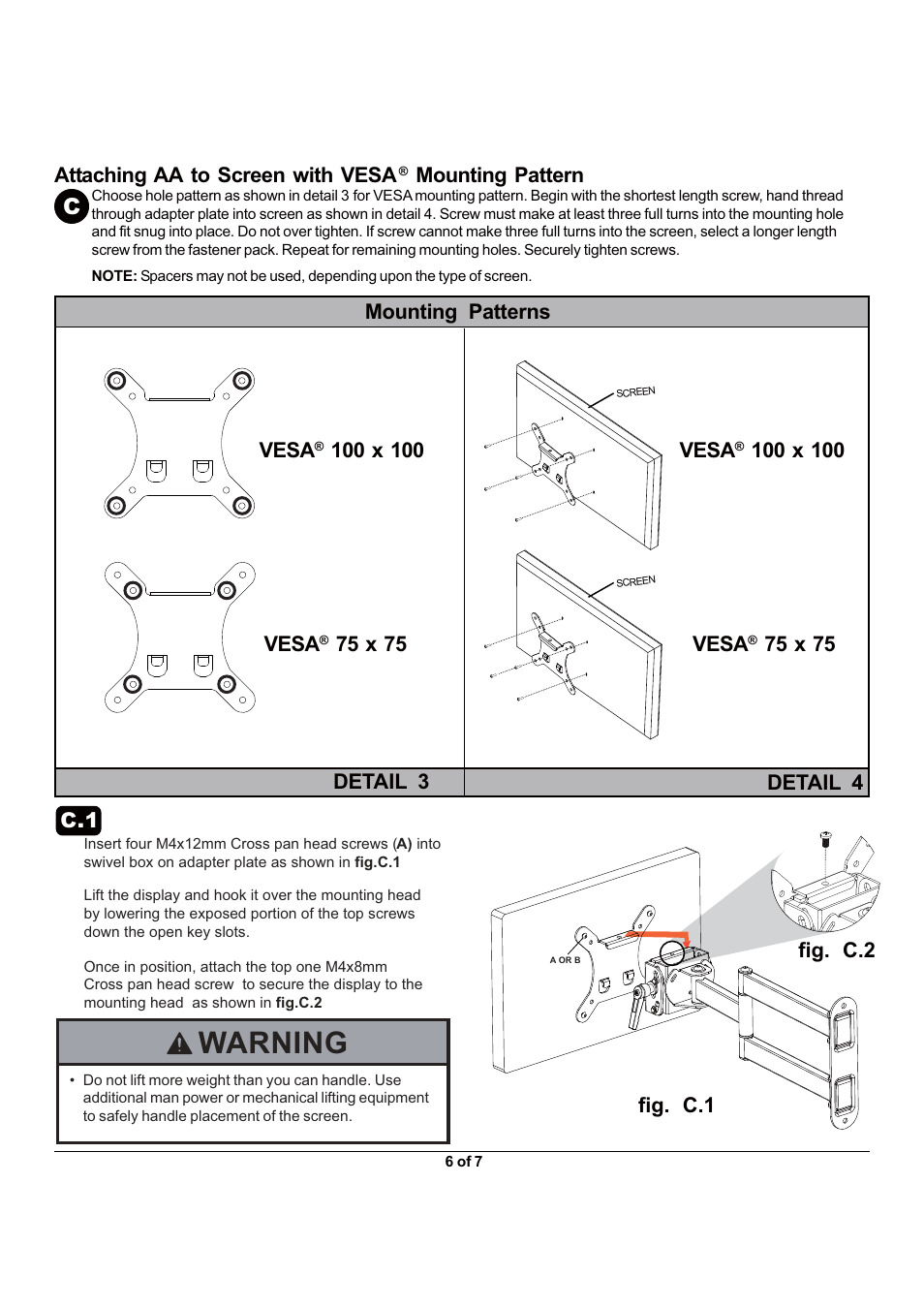 Warning | Monoprice 6514 Wall Mount Bracket User Manual | Page 6 / 7