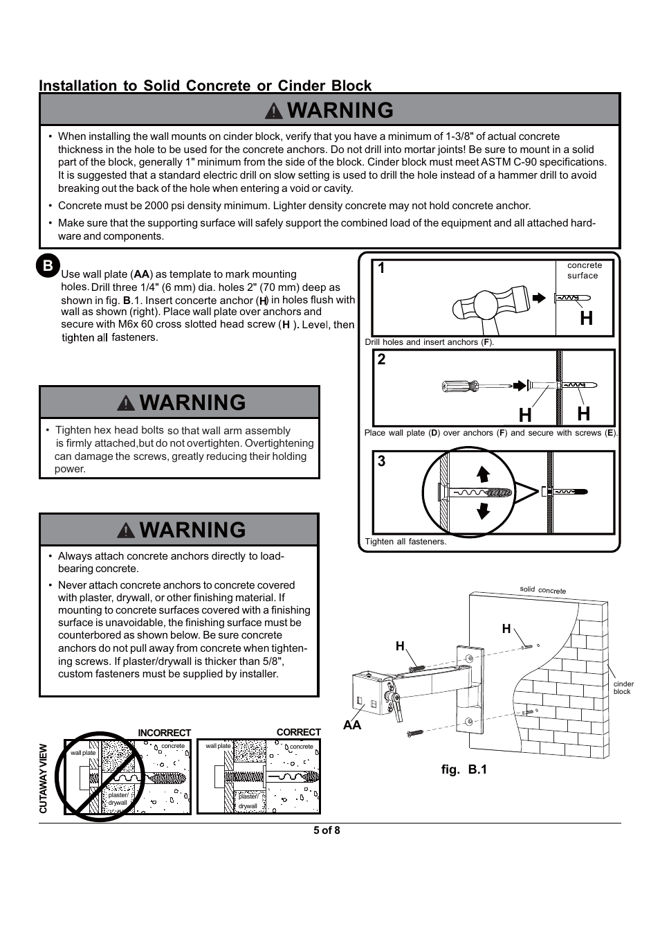 Warning, Installation to solid concrete or cinder block | Monoprice 6515 Wall Mount Bracket User Manual | Page 5 / 8