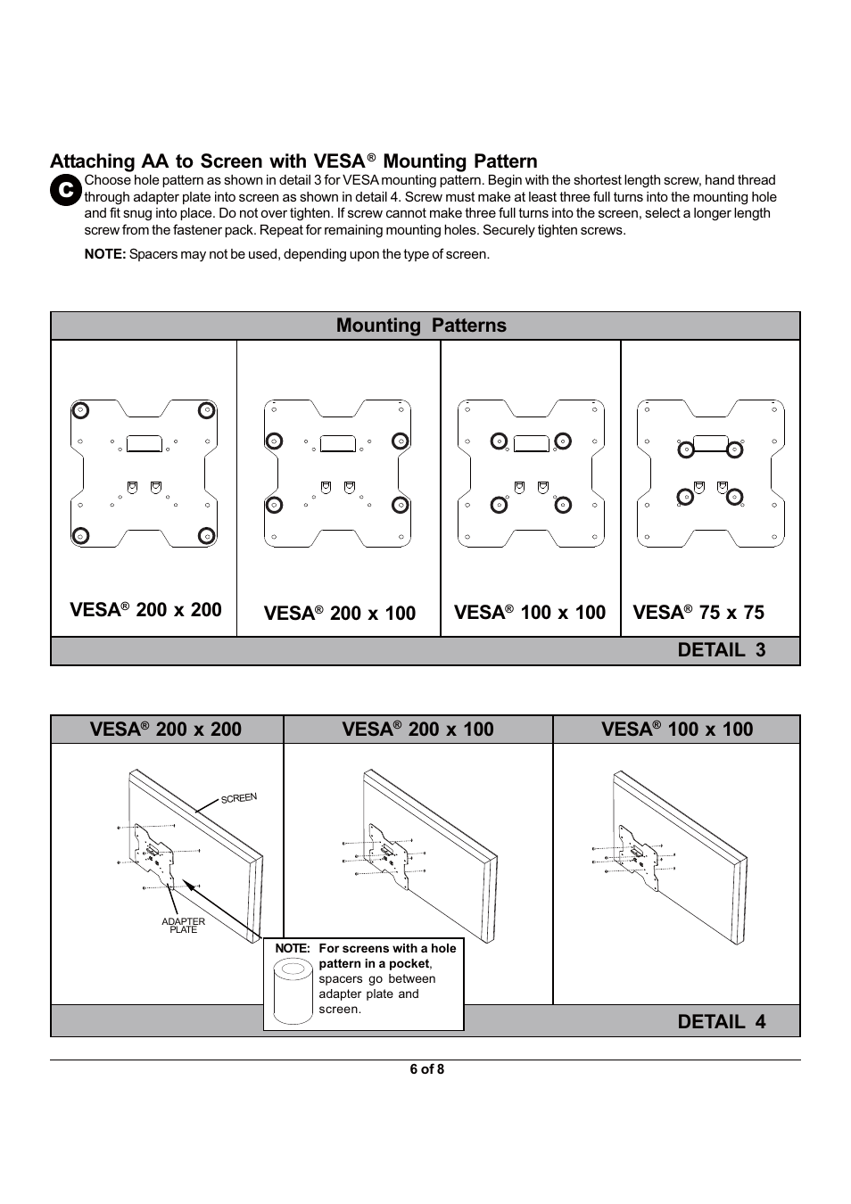 Attaching aa to screen with vesa, Mounting pattern, Mounting patterns vesa | 75 x 75 vesa, Detail 3 detail 4 | Monoprice 6515 Wall Mount Bracket User Manual | Page 6 / 8