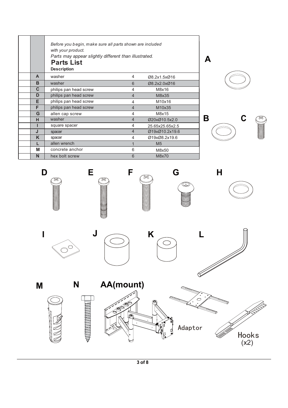 Ci n aa(mount), Rrnv, Gdswru | Parts list | Monoprice 6517 Wall Mount Bracket User Manual | Page 3 / 8