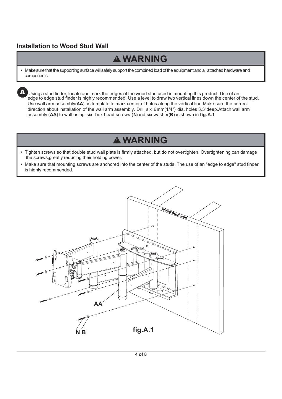 Warning, Fig.a.1, Installation to wood stud wall | Monoprice 6517 Wall Mount Bracket User Manual | Page 4 / 8