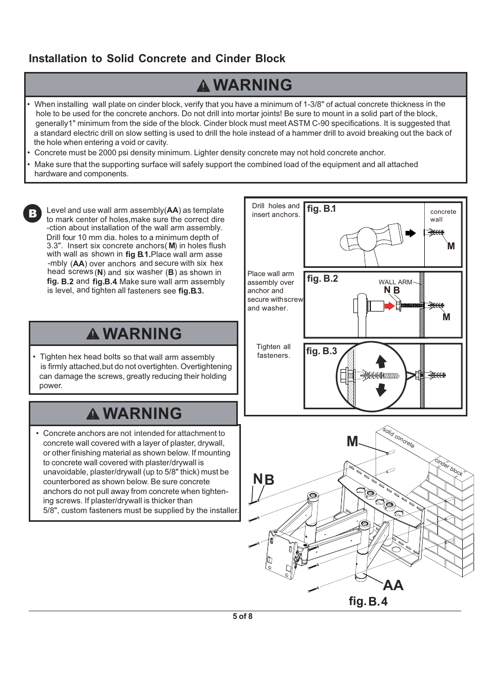 Warning, Mb n, Fig. b.4 | Installation to solid concrete and cinder block b | Monoprice 6517 Wall Mount Bracket User Manual | Page 5 / 8