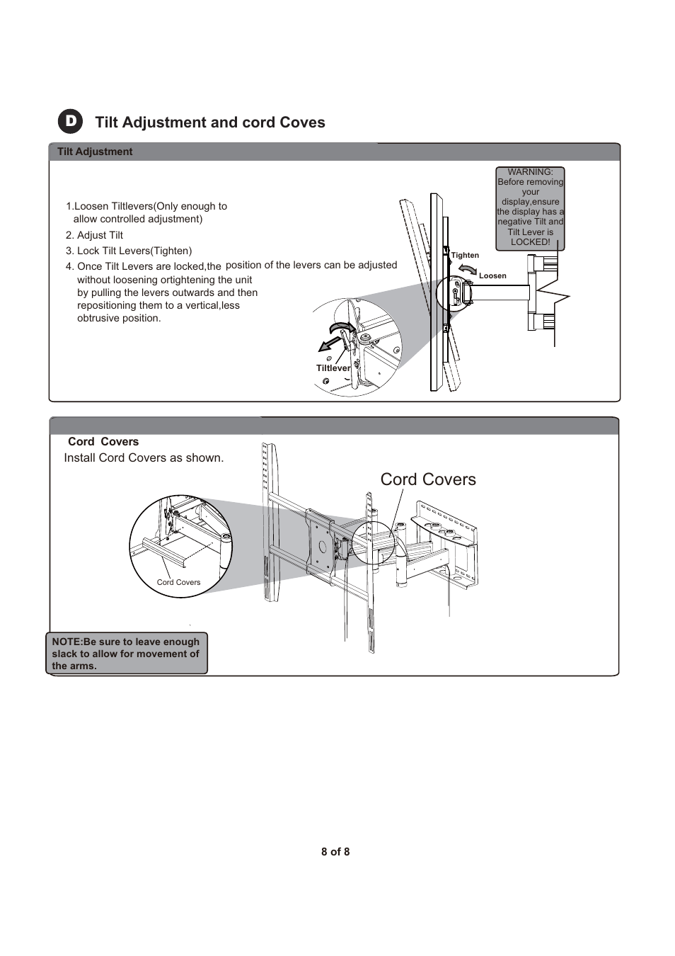 Cord covers, Dtilt adjustment and cord coves | Monoprice 6517 Wall Mount Bracket User Manual | Page 8 / 8