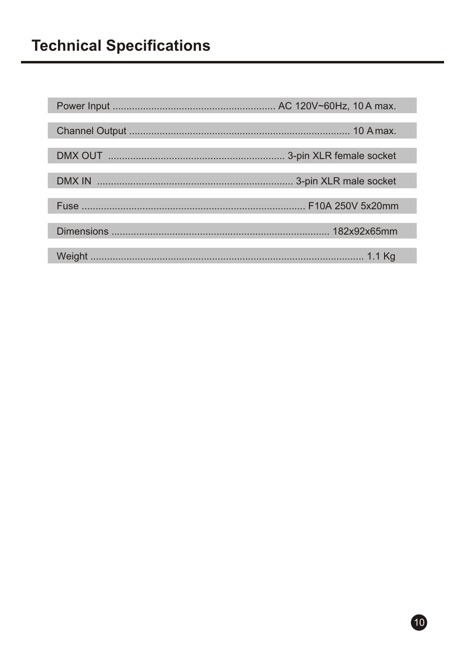 Technical specifications | American DJ Uni Pack User Manual | Page 13 / 16