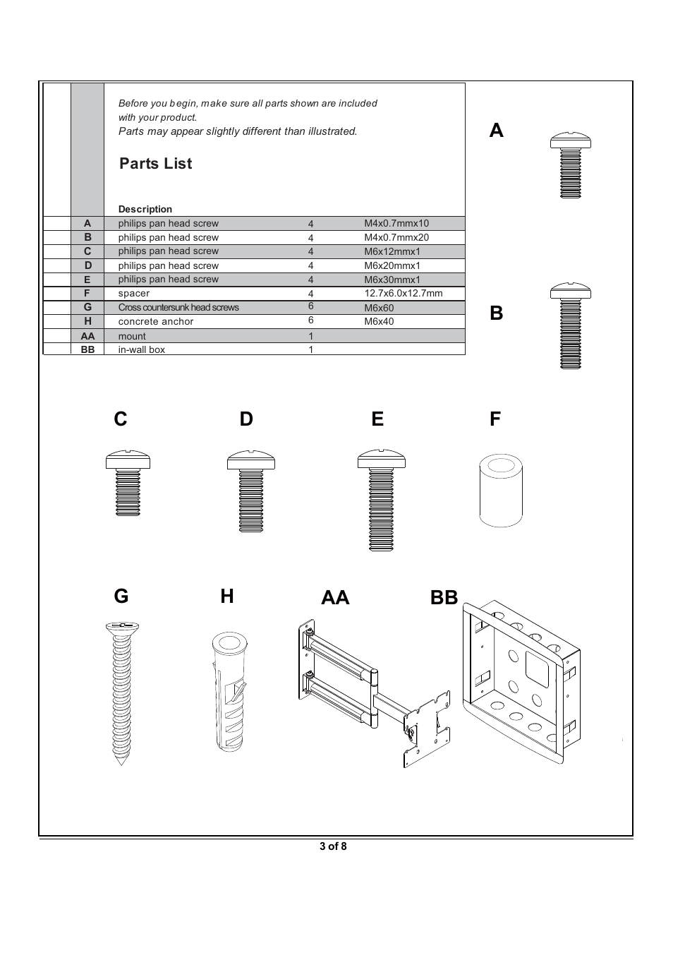 Parts list | Monoprice 6518 Recessed Wall Mount Bracket User Manual | Page 3 / 8