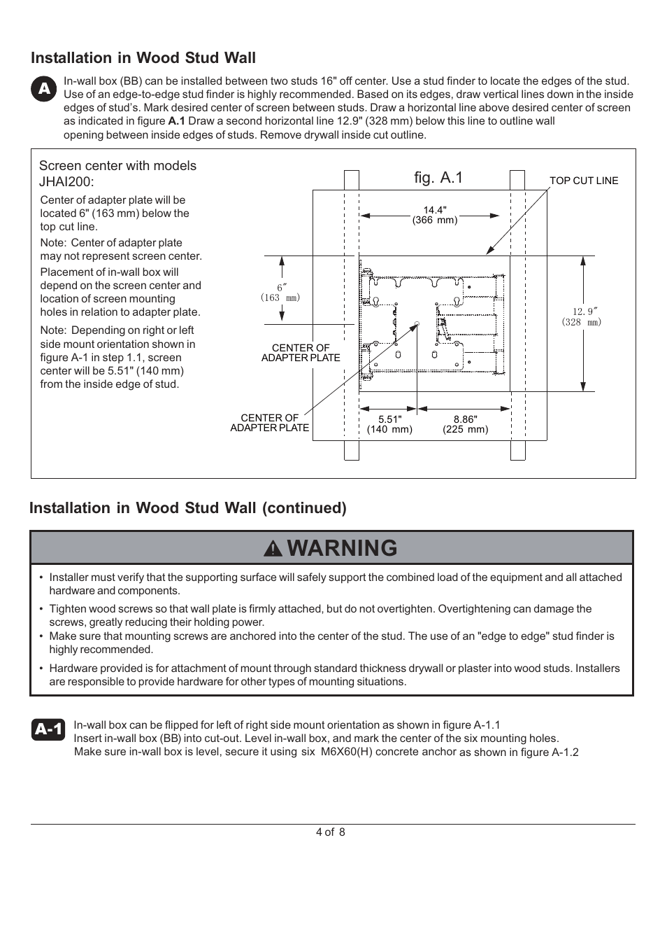 Warning, Installation in wood stud wall a, Fig. a.1 | Installation in wood stud wall (continued) | Monoprice 6518 Recessed Wall Mount Bracket User Manual | Page 4 / 8