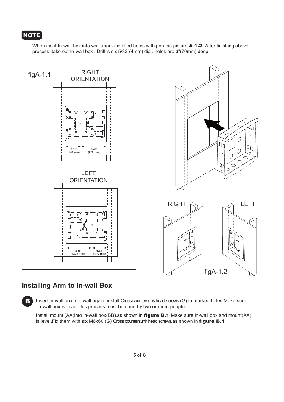 Figa-1.1 figa-1.2, Installing arm to in-wall box | Monoprice 6518 Recessed Wall Mount Bracket User Manual | Page 5 / 8