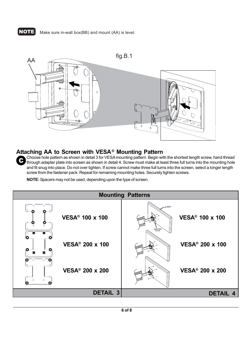 Attaching aa to screen with vesa, Mounting pattern, Mounting patterns vesa | Detail 3 detail 4, Fig.b.1 aa | Monoprice 6518 Recessed Wall Mount Bracket User Manual | Page 6 / 8