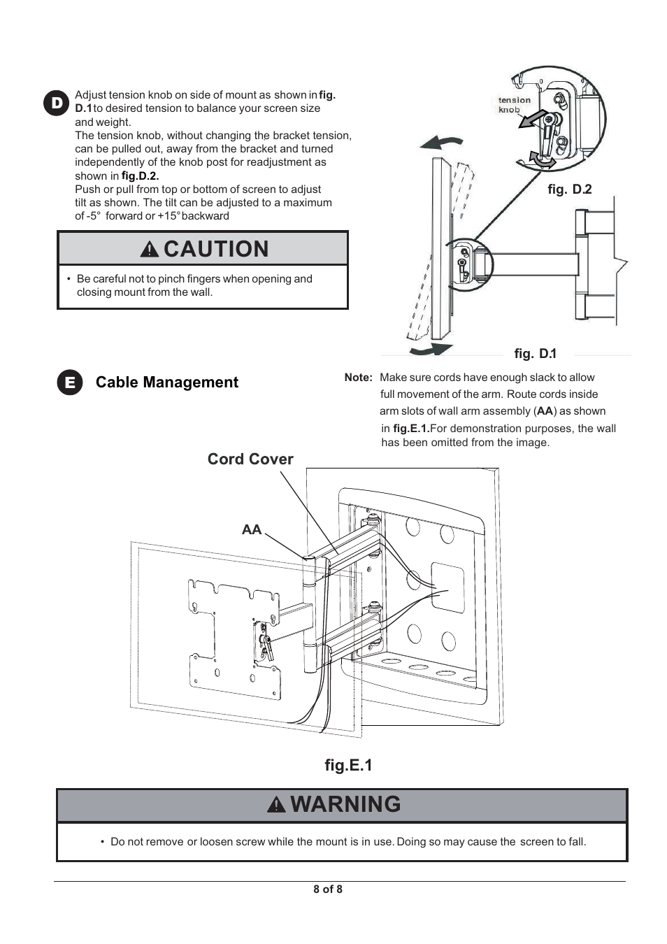Warning, Caution, Fig.e.1 | Monoprice 6518 Recessed Wall Mount Bracket User Manual | Page 8 / 8